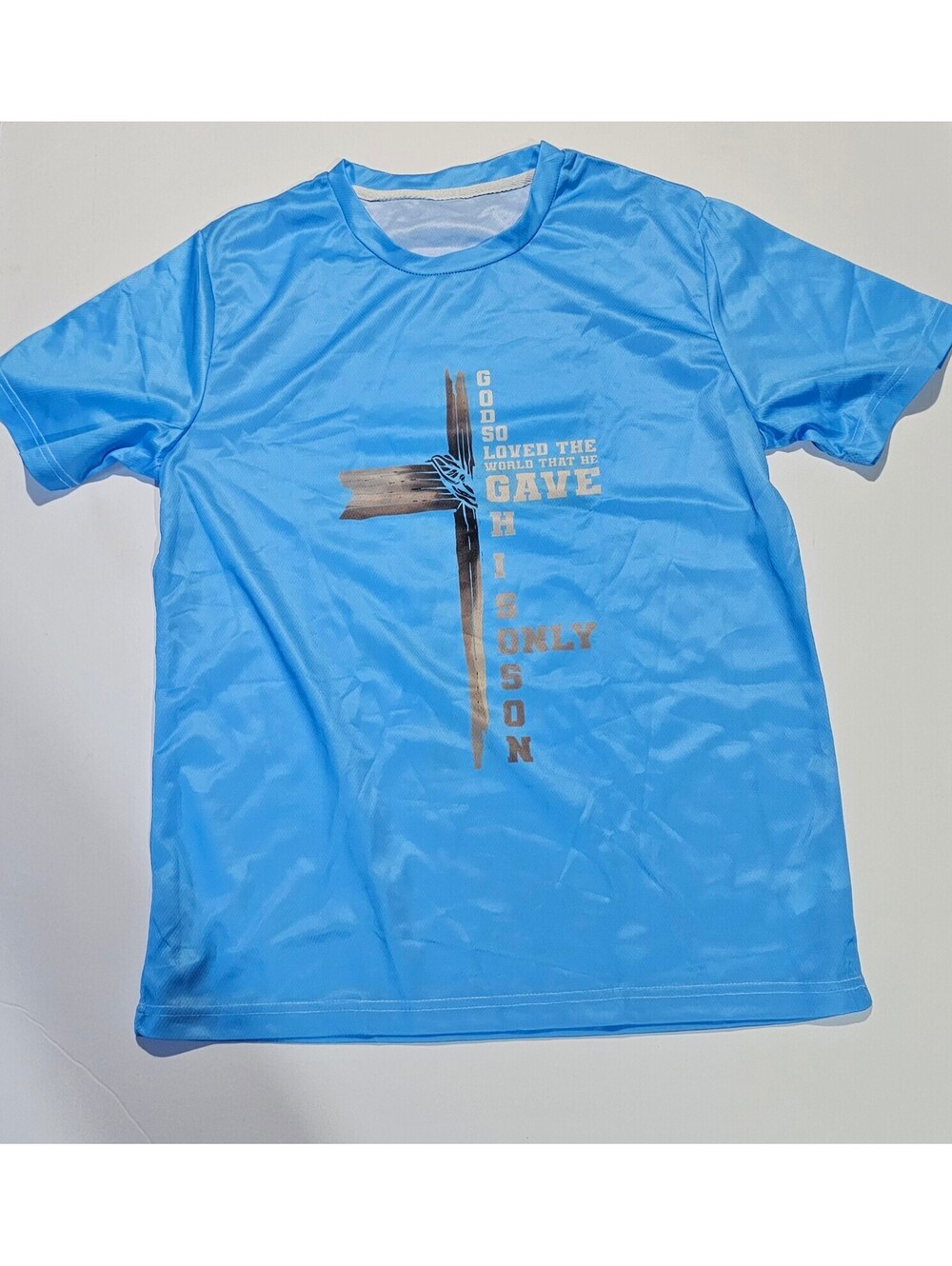 Men's blue Christian cross athletic T shirt Medium